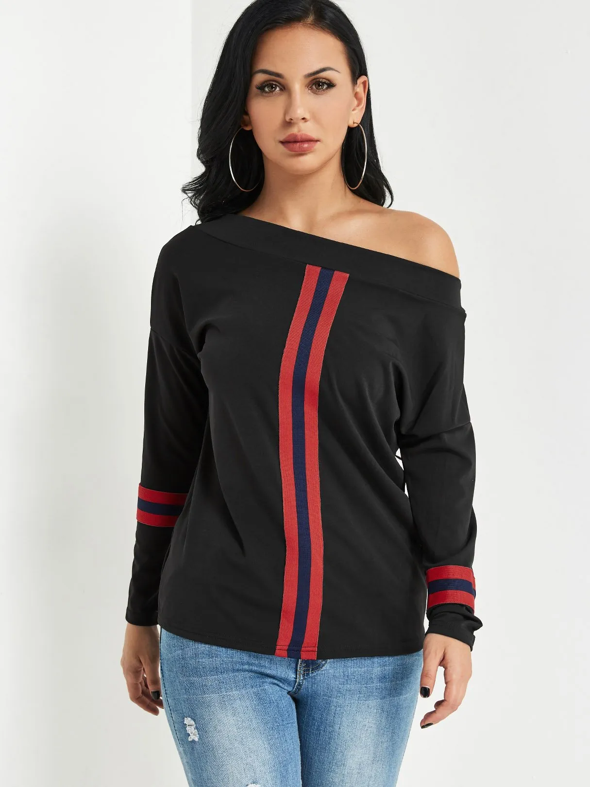 Custom One Shoulder Stripe Long Sleeve Top