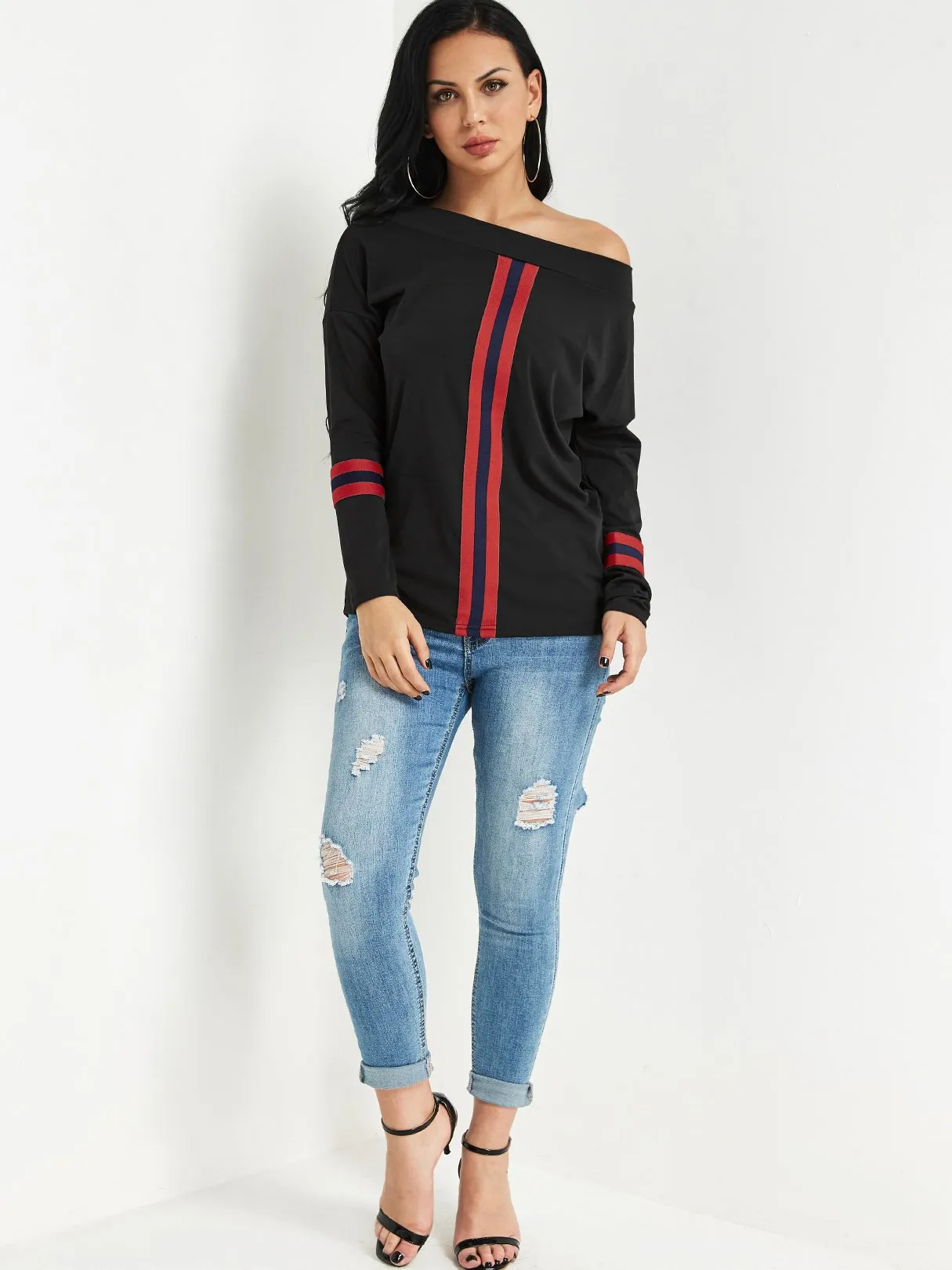 Custom One Shoulder Stripe Long Sleeve Top