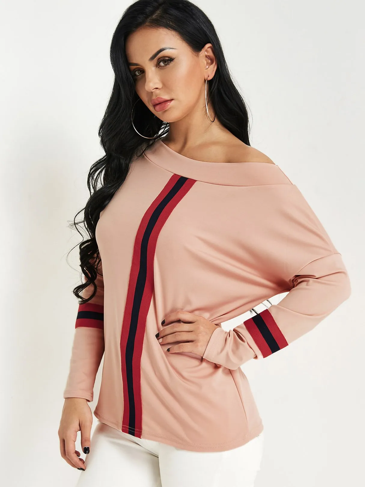 Custom One Shoulder Stripe Long Sleeve Top