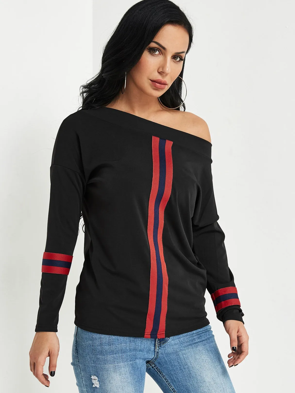 Custom One Shoulder Stripe Long Sleeve Top