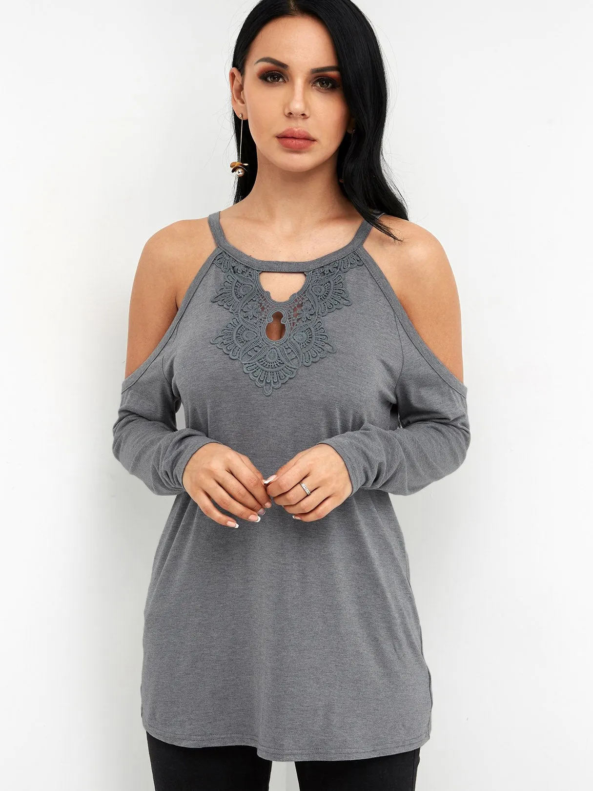 Custom Round Neck Cold Shoulder Plain Lace Cut Out Tie-Up Long Sleeve Grey T-Shirts