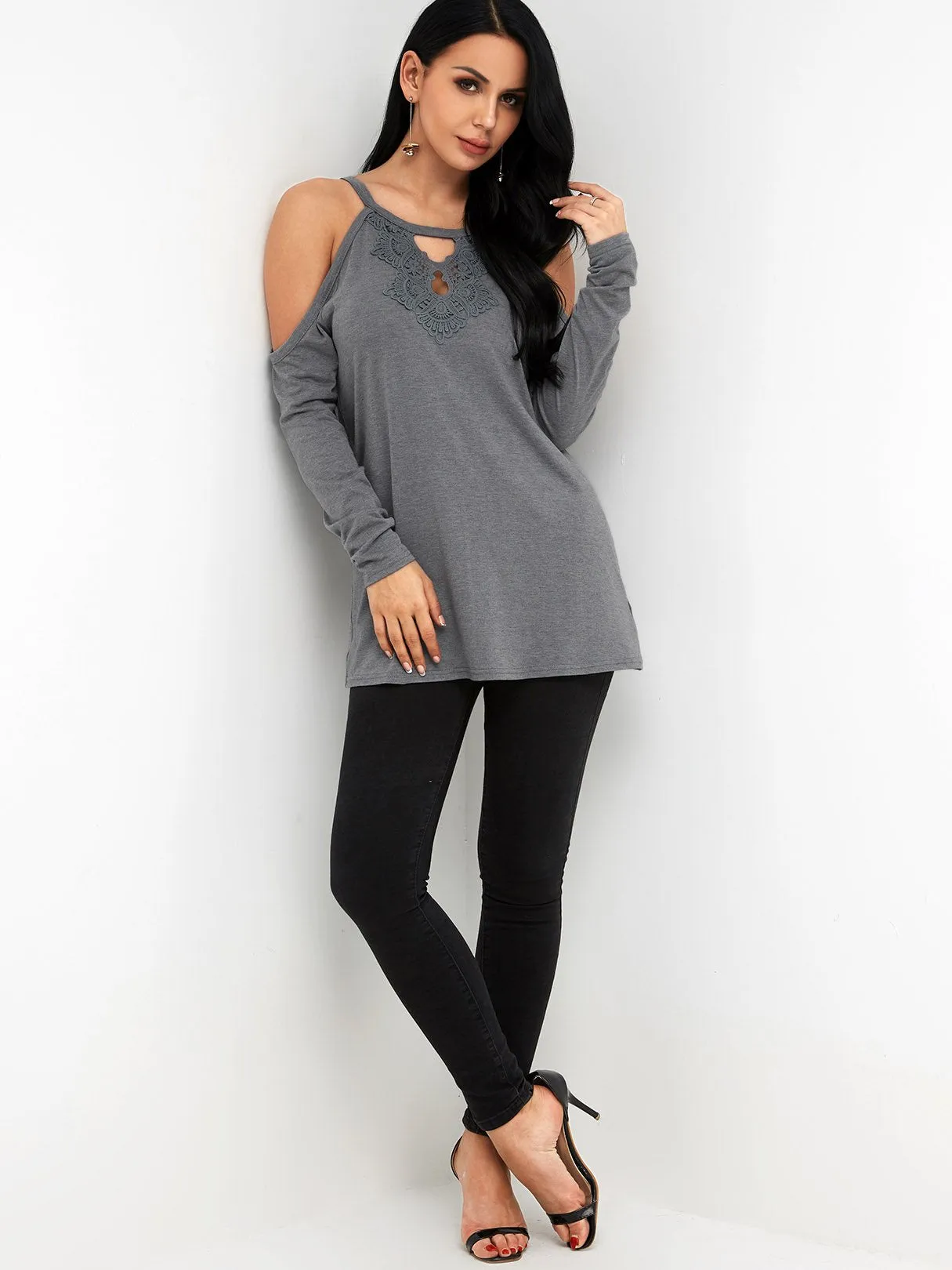 Custom Round Neck Cold Shoulder Plain Lace Cut Out Tie-Up Long Sleeve Grey T-Shirts