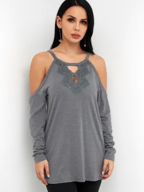 Custom Round Neck Cold Shoulder Plain Lace Cut Out Tie-Up Long Sleeve Grey T-Shirts