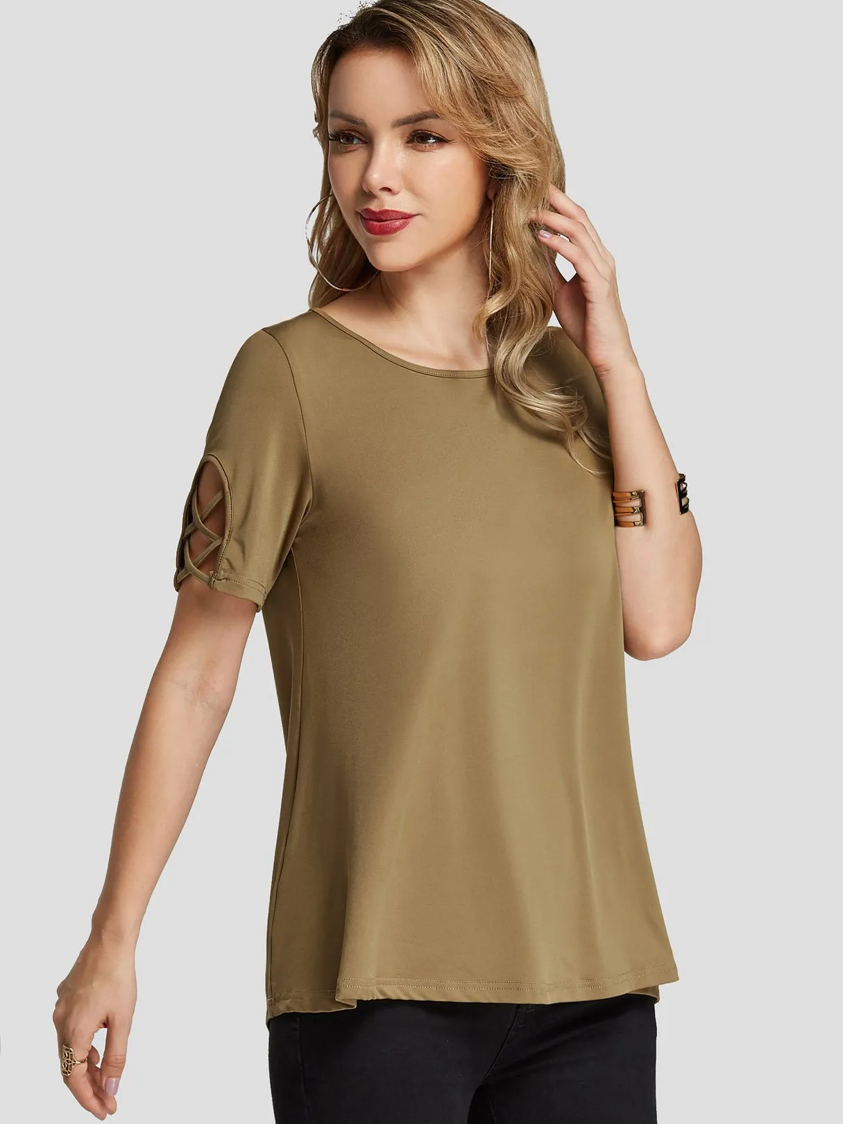 Custom Round Neck Plain Criss-Cross Short Sleeve Camel T-Shirts