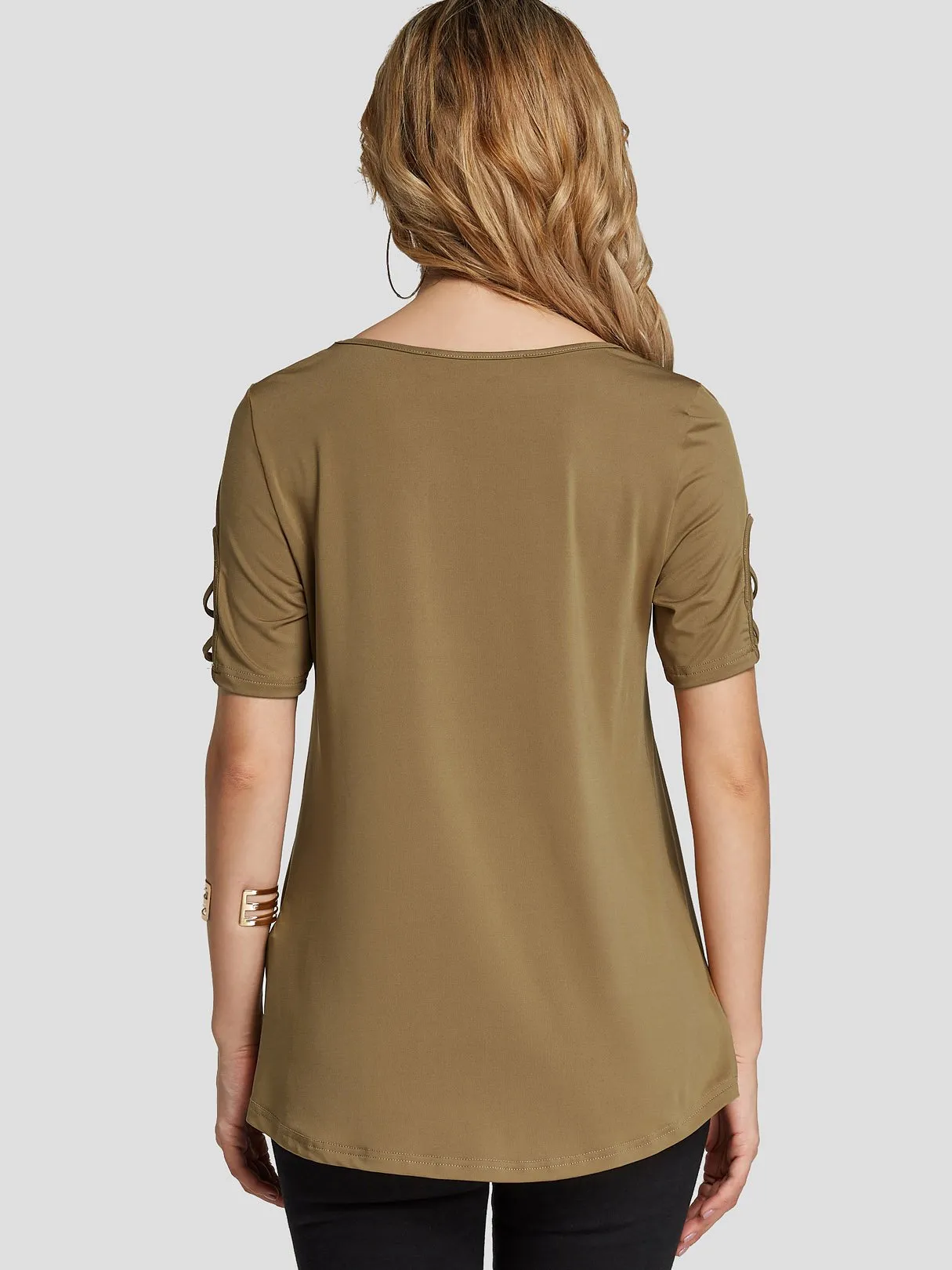 Custom Round Neck Plain Criss-Cross Short Sleeve Camel T-Shirts