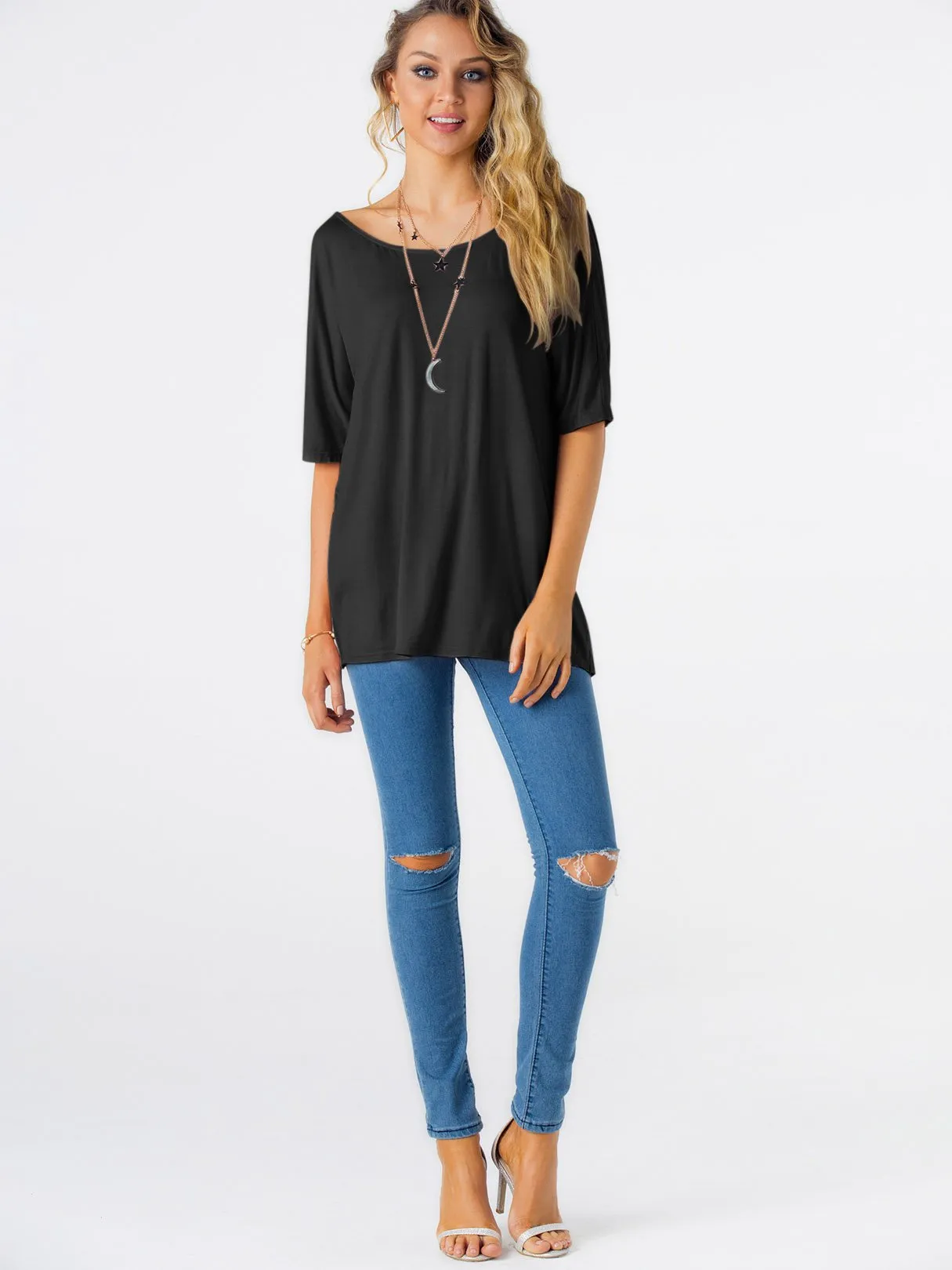 Custom Round Neck Plain Crossed Front Backless Slit Half Sleeve Black T-Shirts