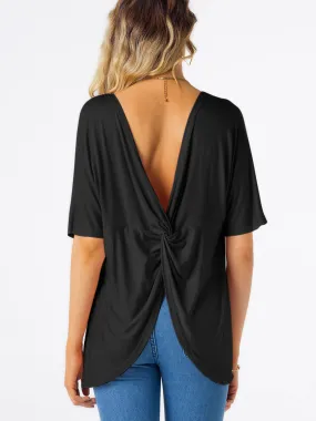 Custom Round Neck Plain Crossed Front Backless Slit Half Sleeve Black T-Shirts