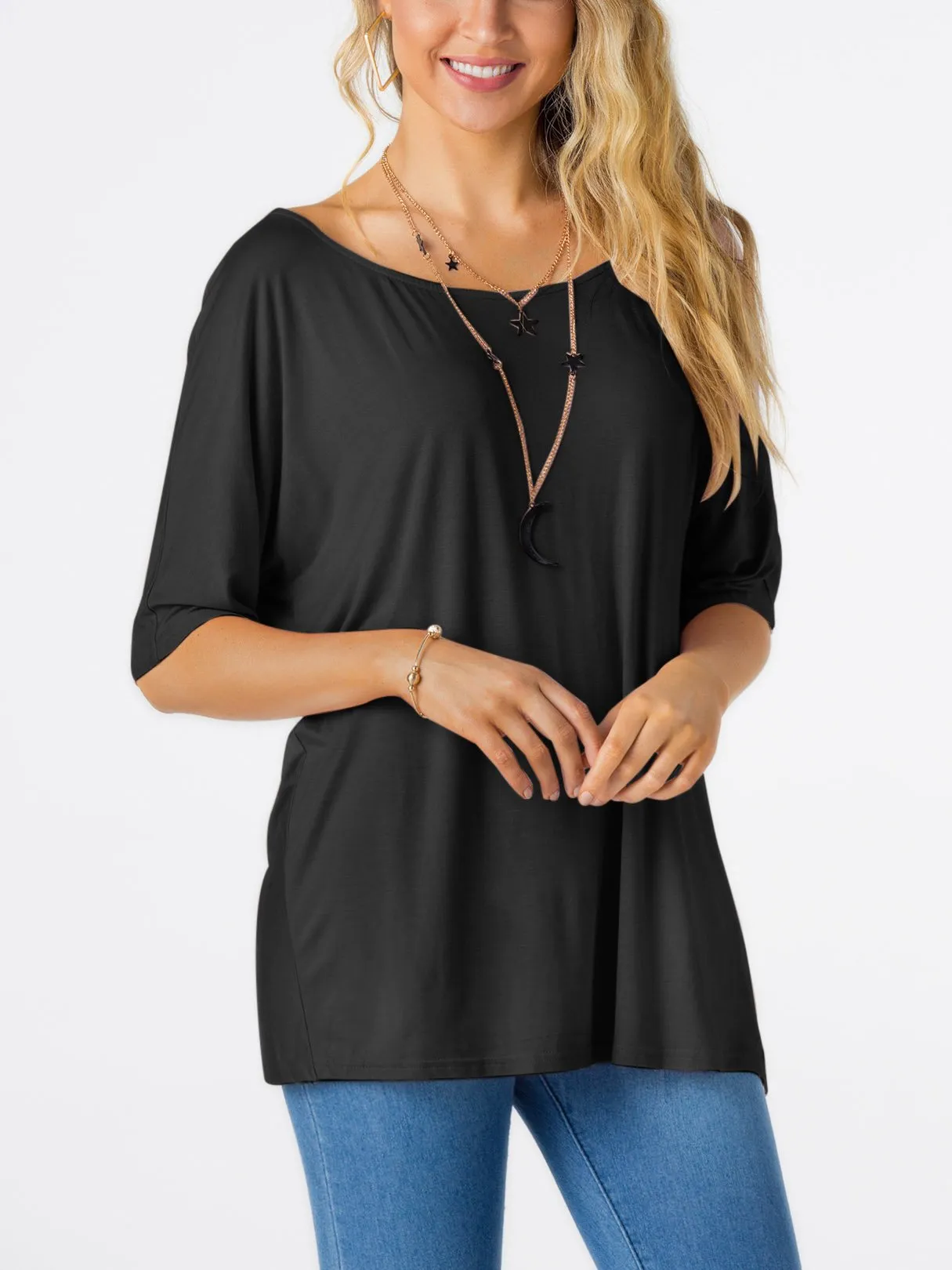 Custom Round Neck Plain Crossed Front Backless Slit Half Sleeve Black T-Shirts