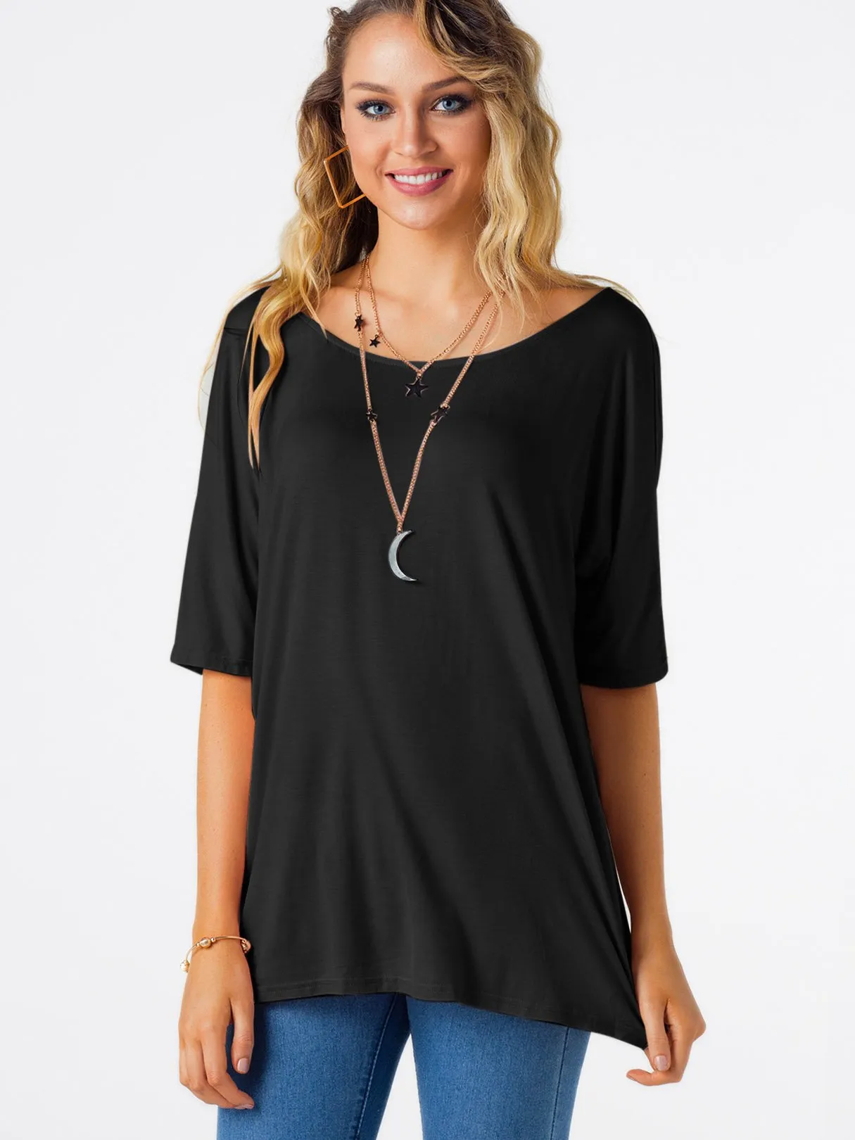 Custom Round Neck Plain Crossed Front Backless Slit Half Sleeve Black T-Shirts