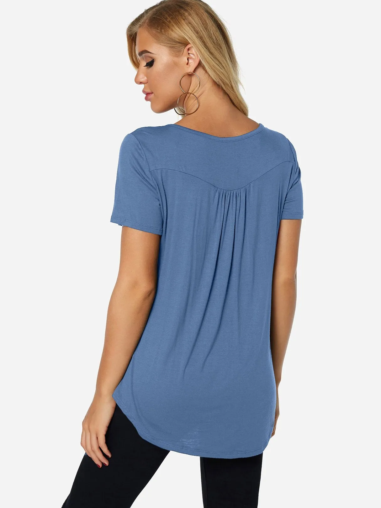 Custom Round Neck Plain Pleated Short Sleeve Curved Hem T-Shirts