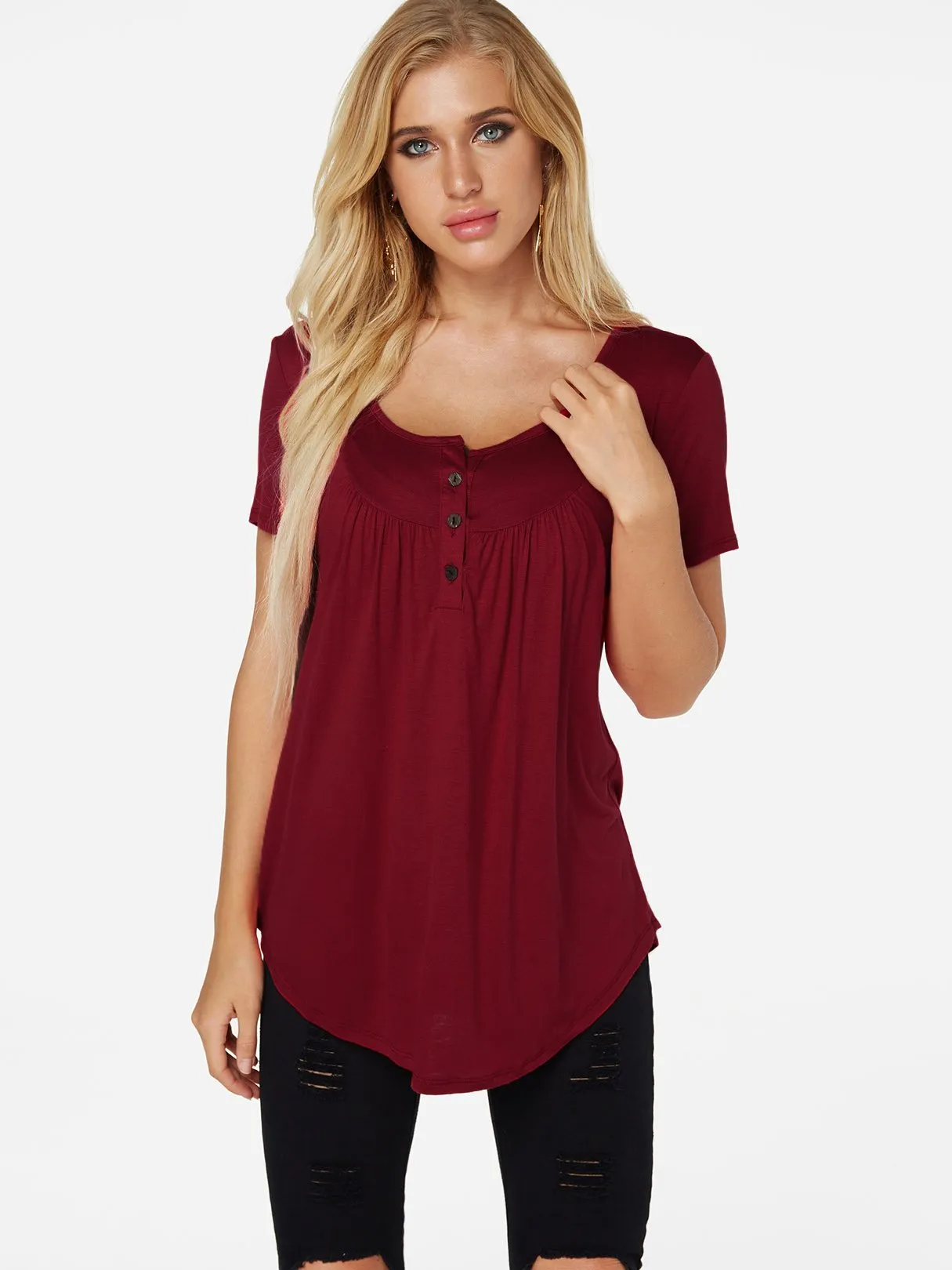 Custom Round Neck Plain Pleated Short Sleeve Curved Hem T-Shirts