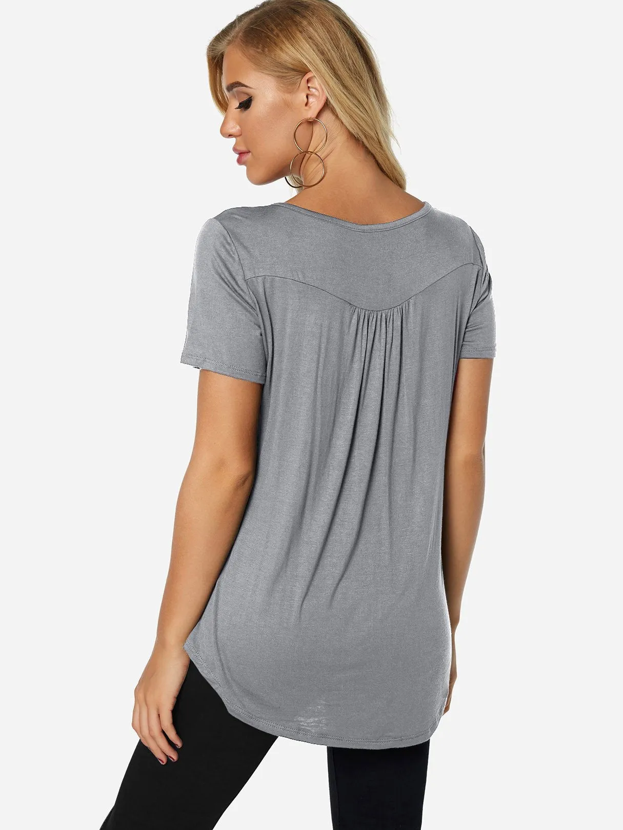 Custom Round Neck Plain Pleated Short Sleeve Curved Hem T-Shirts