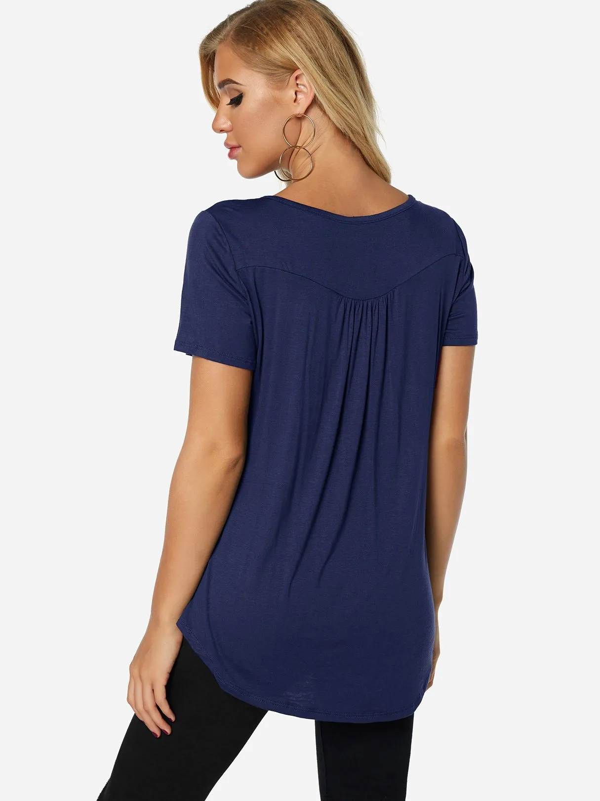 Custom Round Neck Plain Pleated Short Sleeve Curved Hem T-Shirts