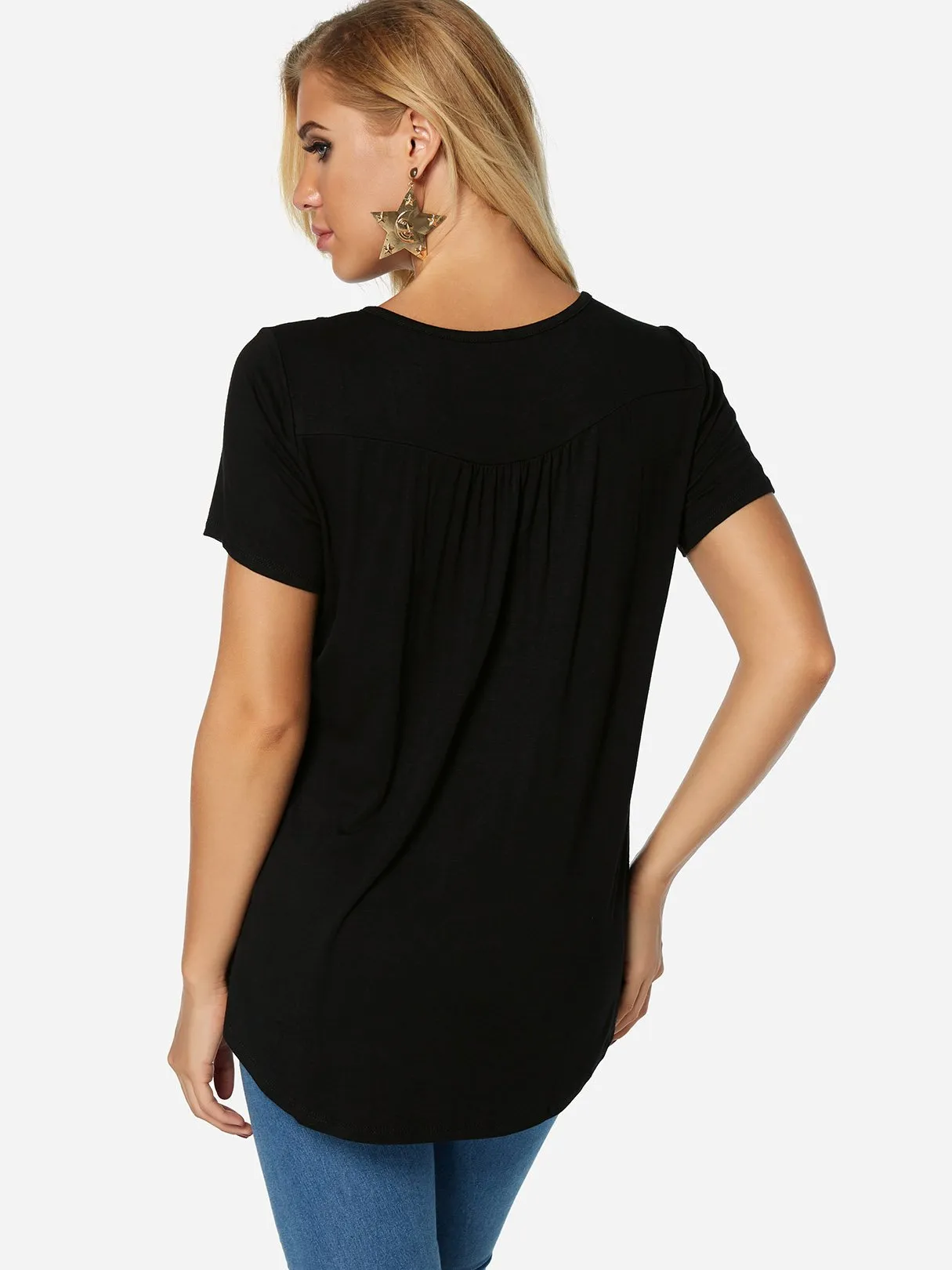 Custom Round Neck Plain Pleated Short Sleeve Curved Hem T-Shirts