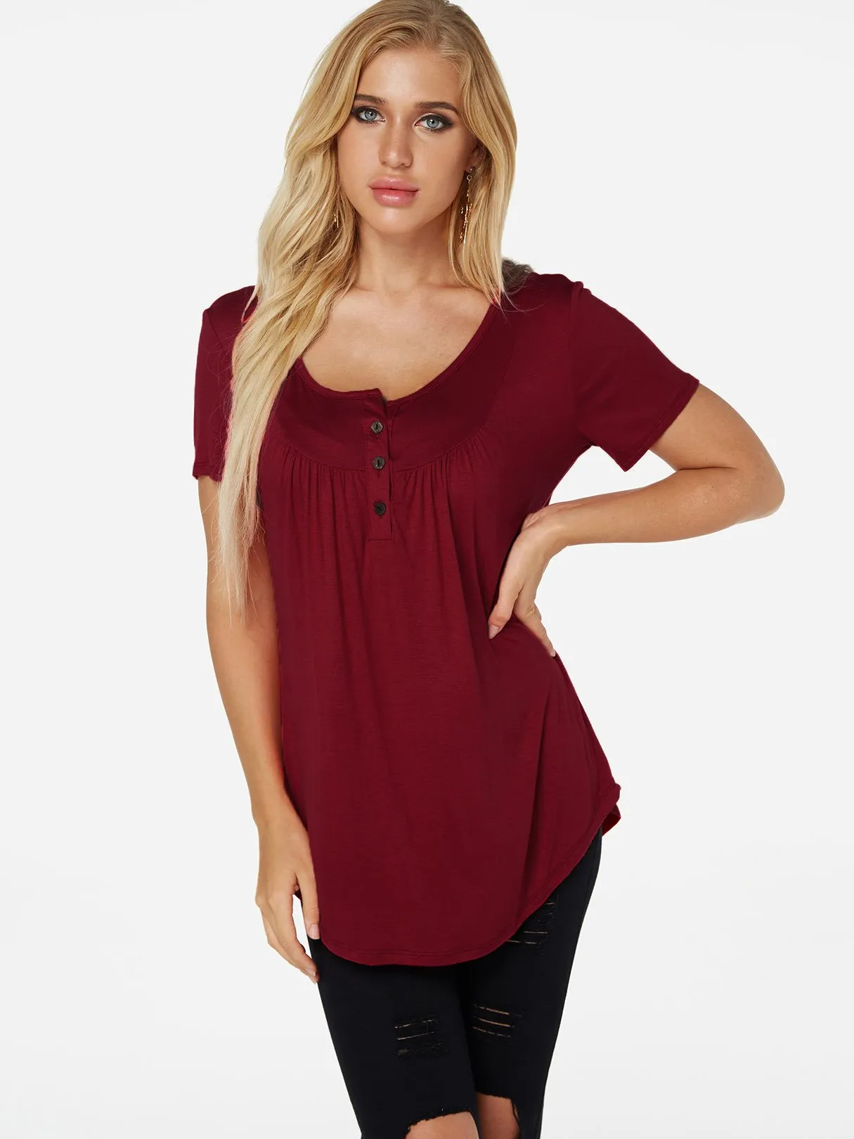 Custom Round Neck Plain Pleated Short Sleeve Curved Hem T-Shirts