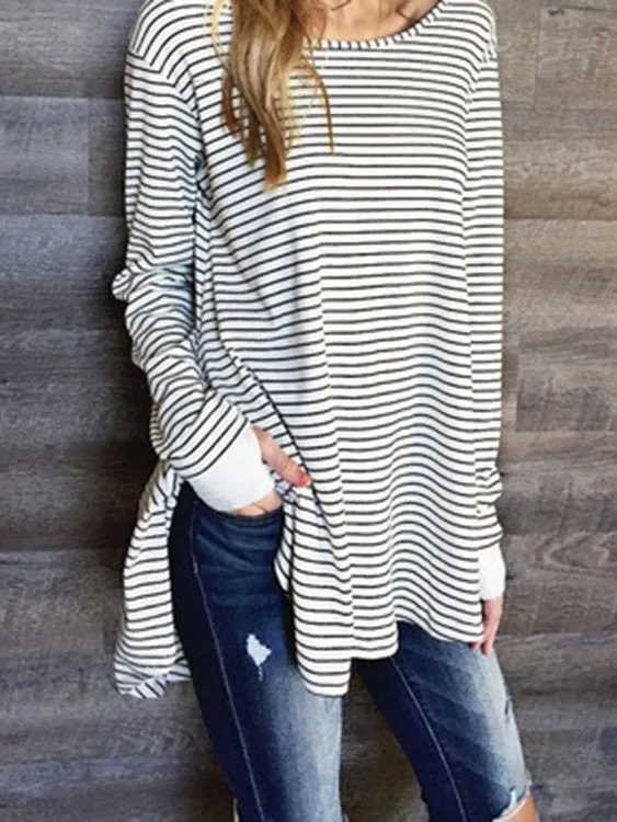 Custom Round Neck Stripe Crossed Front Long Sleeve Irregular Hem T-Shirts