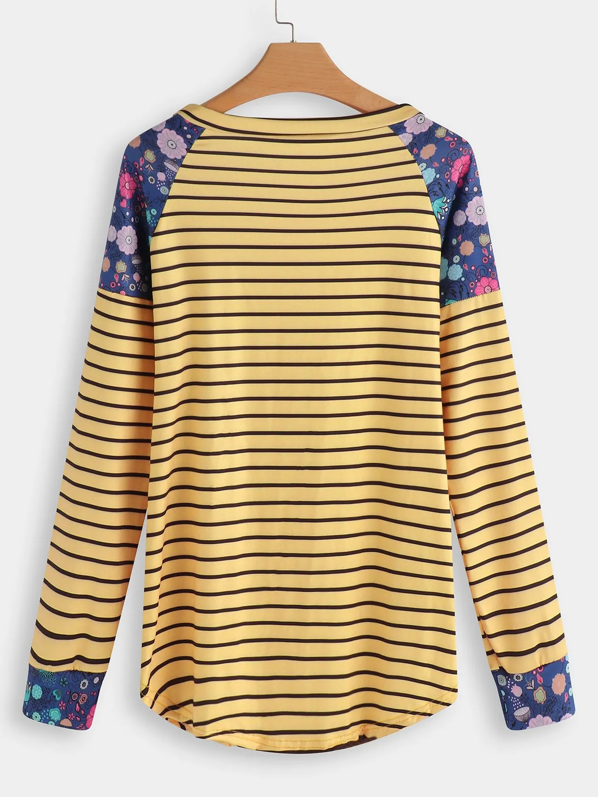 Custom Round Neck Stripe Floral Print Long Sleeve Curved Hem Yellow T-Shirts