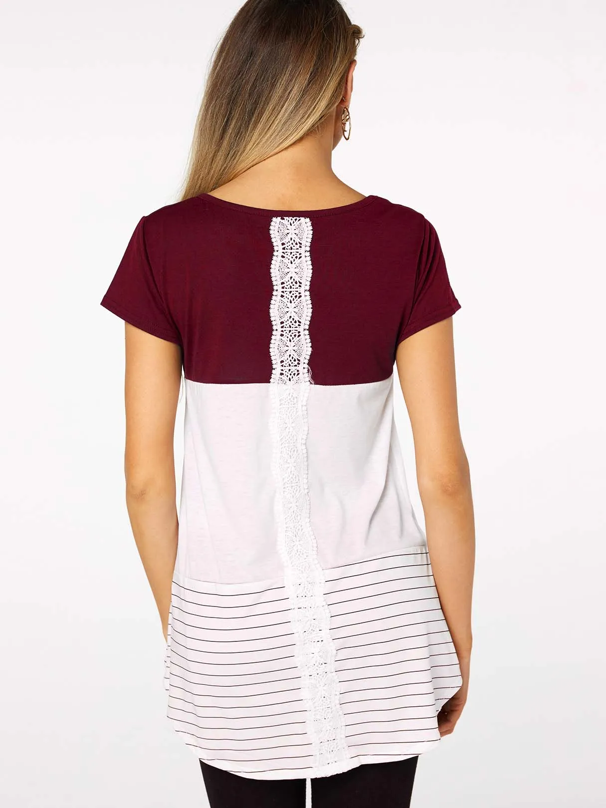 Custom Round Neck Stripe Lace Short Sleeve Red T-Shirts