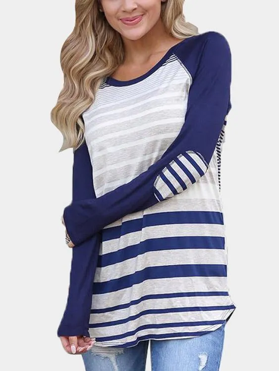 Custom Round Neck Stripe Long Sleeve Curved Hem Blue T-Shirts