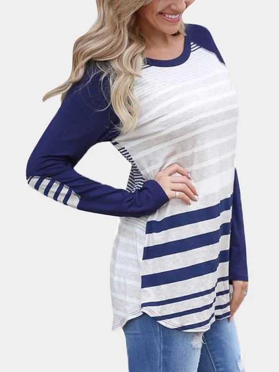 Custom Round Neck Stripe Long Sleeve Curved Hem Blue T-Shirts