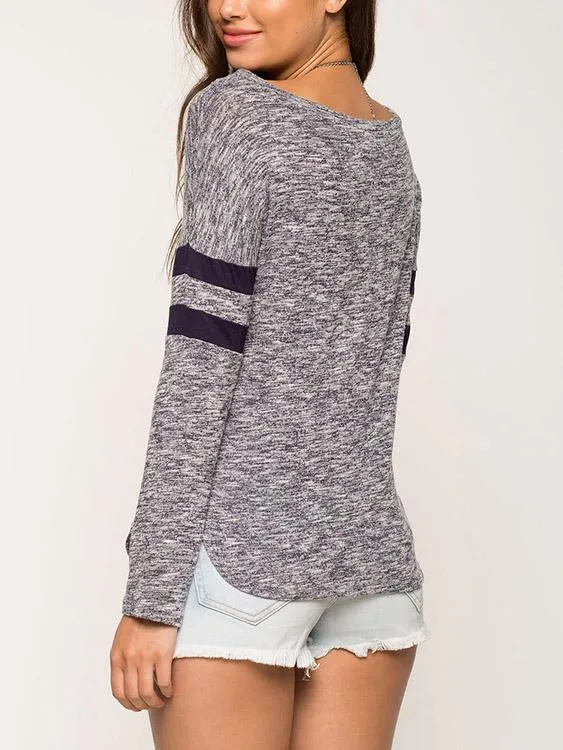 Custom Round Neck Stripe Long Sleeve Curved Hem Grey Top