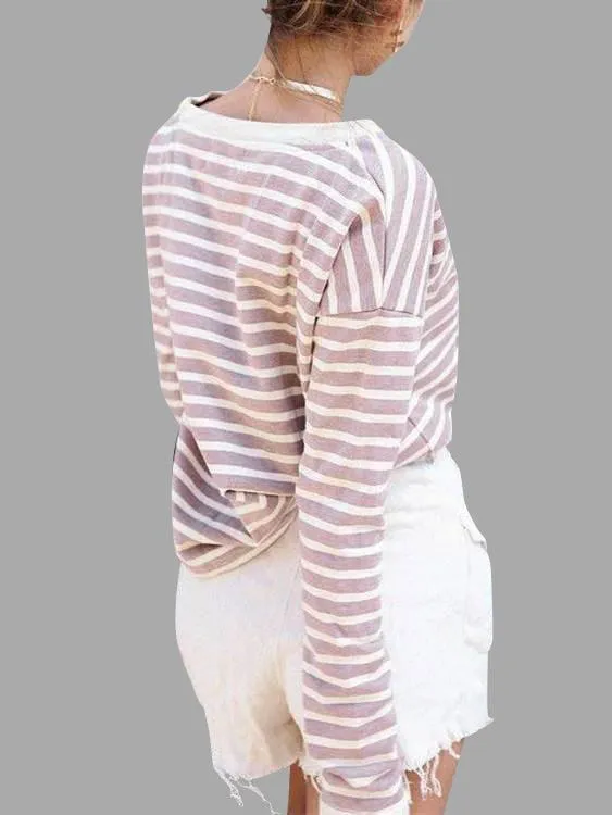 Custom Round Neck Stripe Long Sleeve Pink T-Shirts