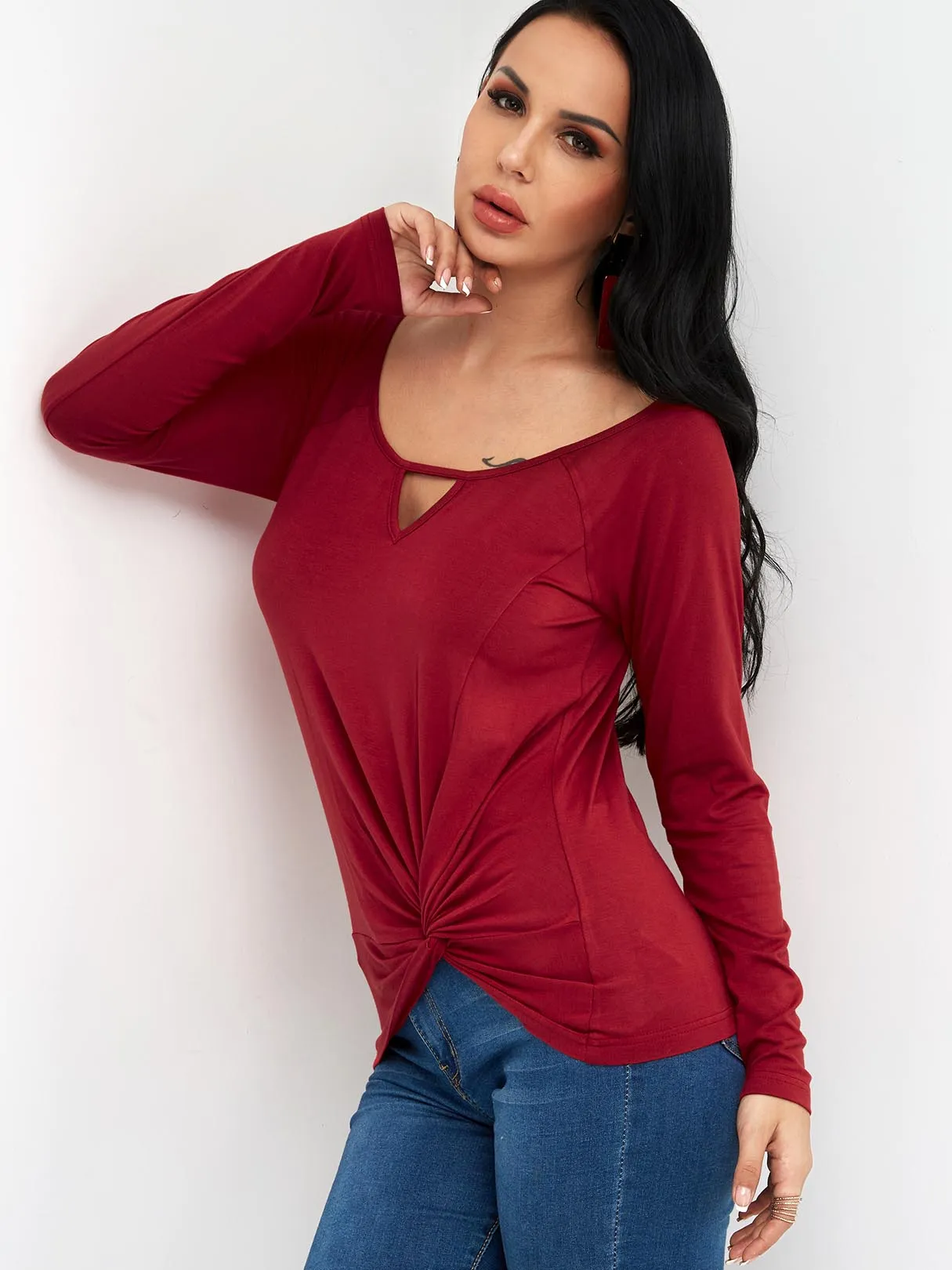 Custom Scoop Neck Plain Long Sleeve Burgundy T-Shirts