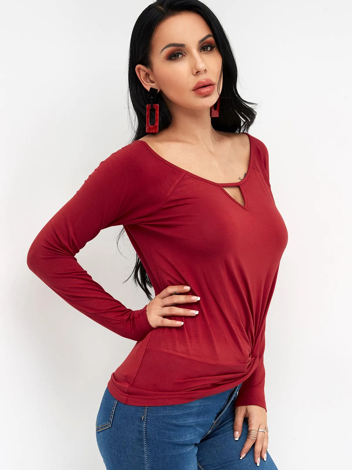 Custom Scoop Neck Plain Long Sleeve Burgundy T-Shirts