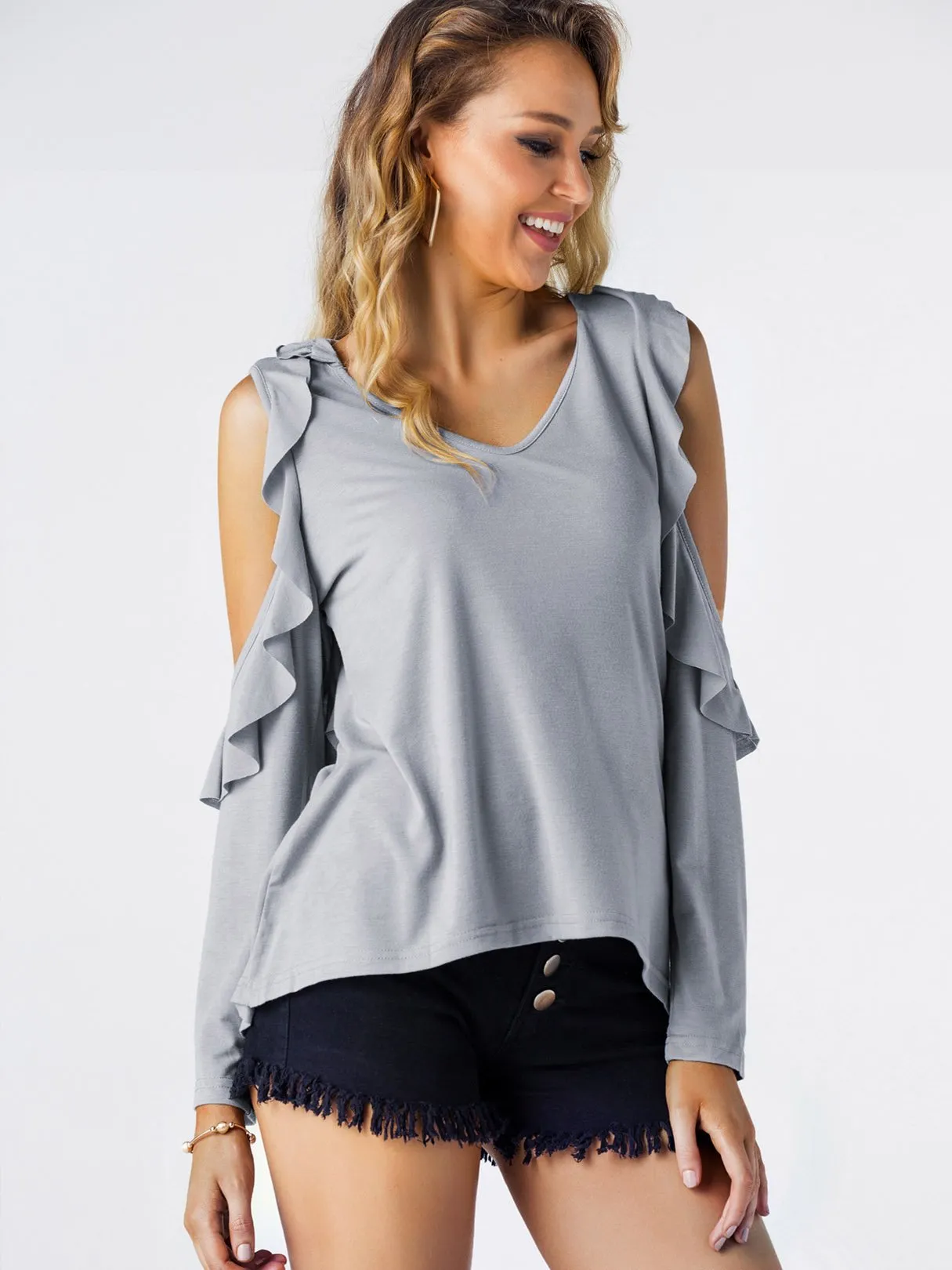 Custom V-Neck Cold Shoulder Plain Long Sleeve Grey T-Shirts