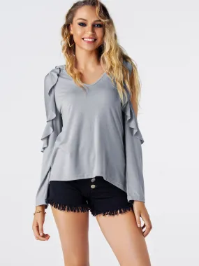 Custom V-Neck Cold Shoulder Plain Long Sleeve Grey T-Shirts