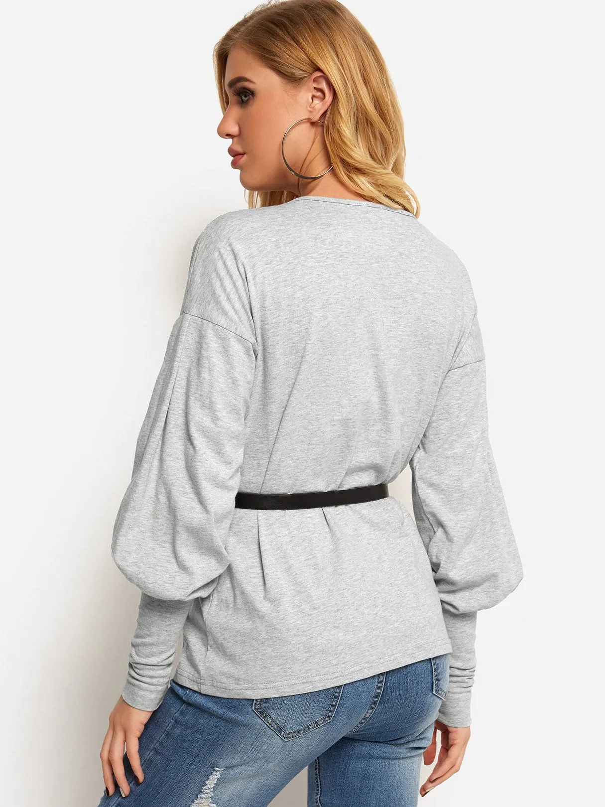 Custom V-Neck Plain Crossed Front Long Sleeve Grey T-Shirts