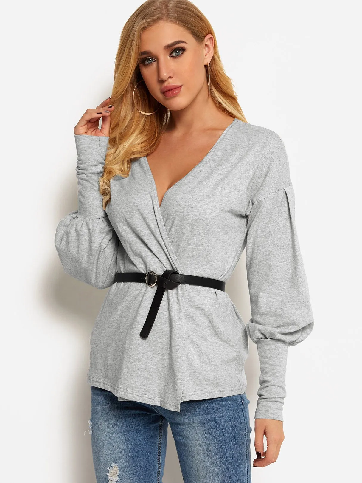 Custom V-Neck Plain Crossed Front Long Sleeve Grey T-Shirts