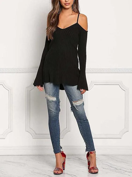 Custom V-Neck Plain Long Sleeve Black Top