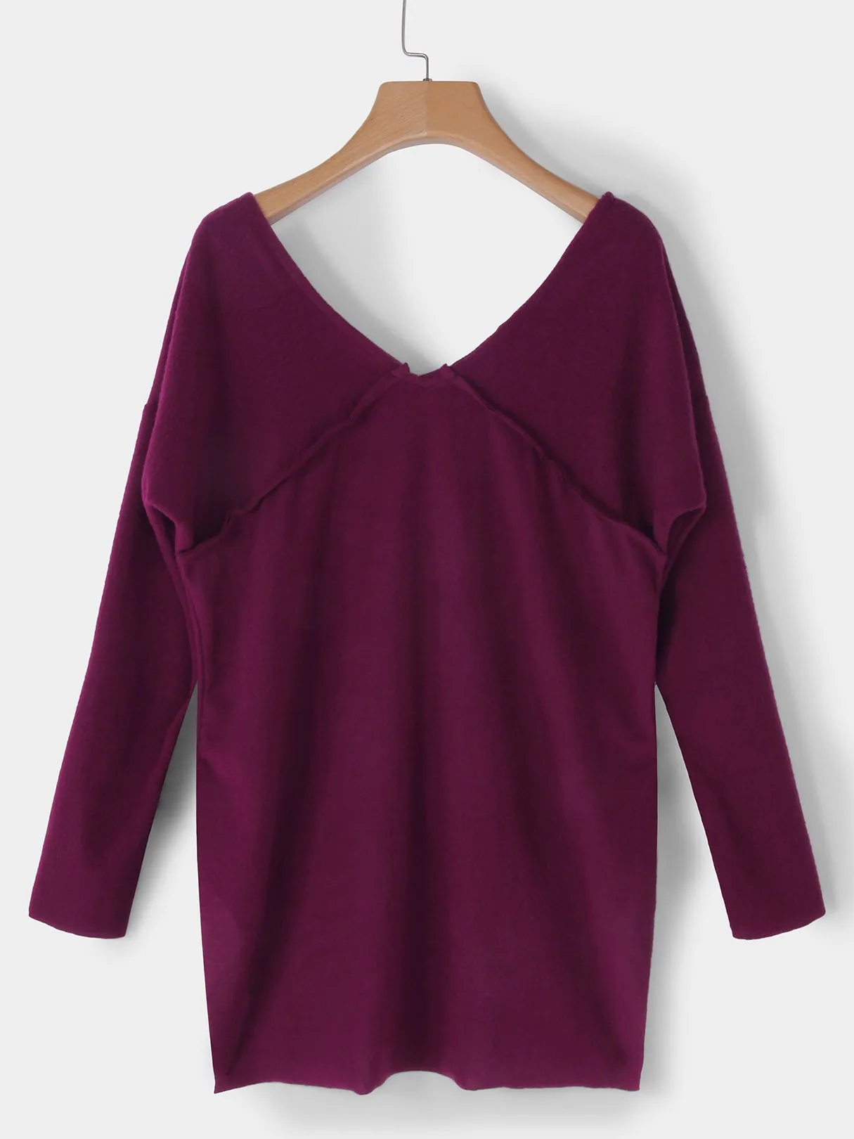 Custom V-Neck Plain Long Sleeve Slit Hem Burgundy T-Shirts