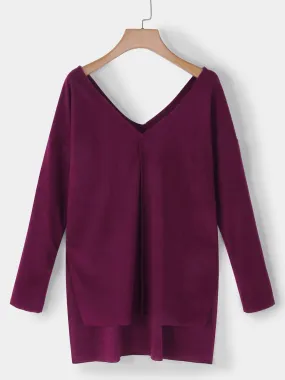 Custom V-Neck Plain Long Sleeve Slit Hem Burgundy T-Shirts