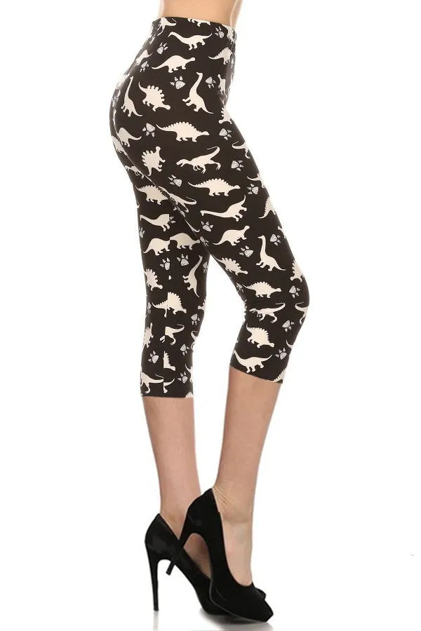 Dinosaur Printed High Waisted Capri Leggings With An Elastic Waist_