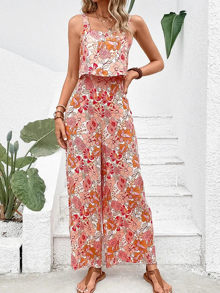 Elegant Long Jumpsuit Women Backless Wide Leg Jumpsuit Floral Romper