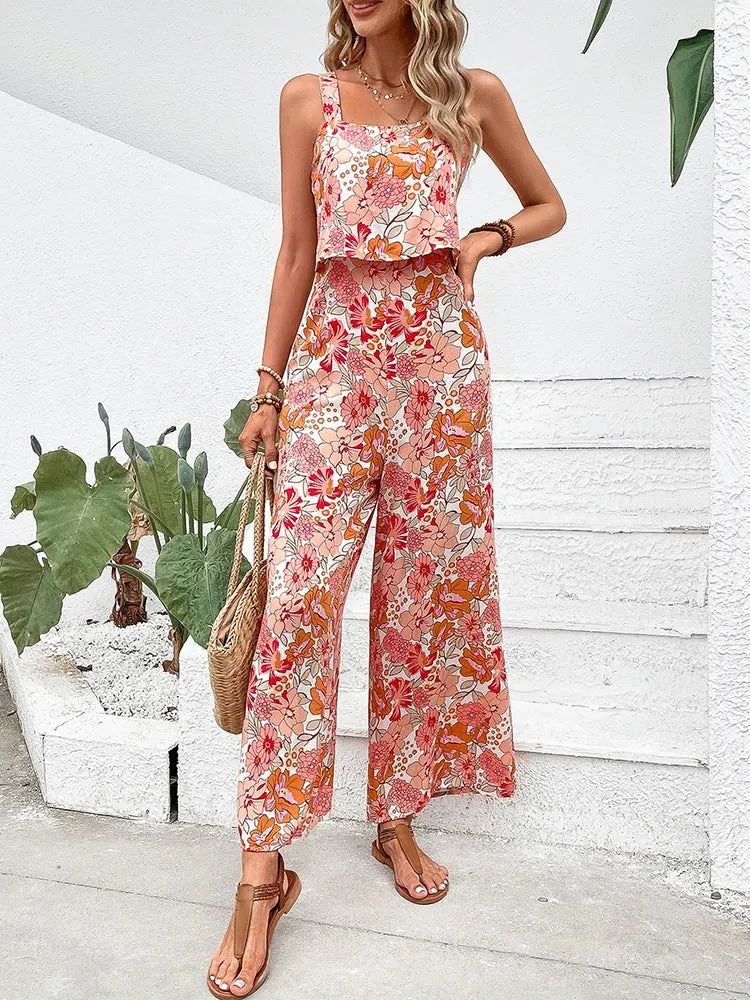 Elegant Long Jumpsuit Women Backless Wide Leg Jumpsuit Floral Romper