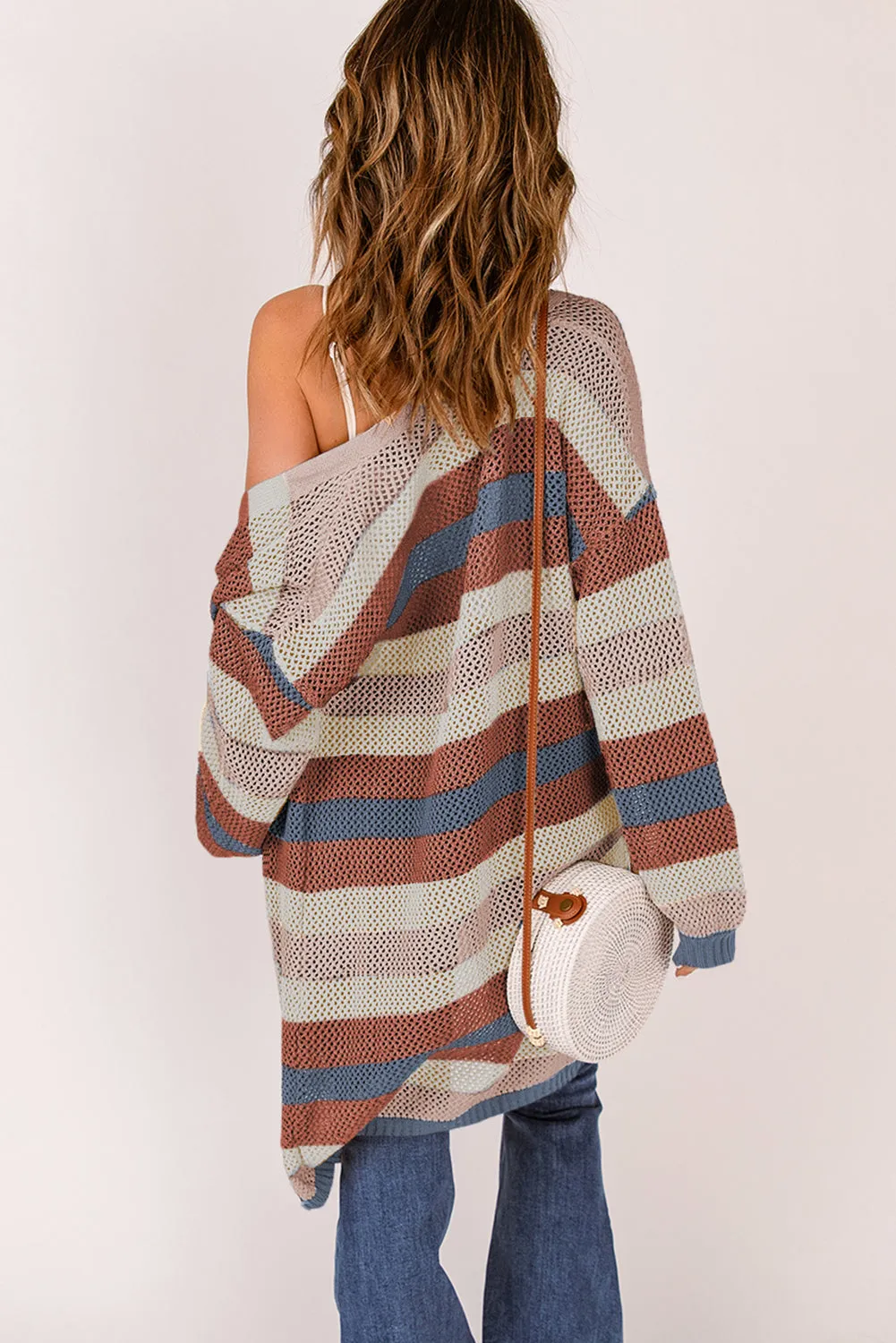 Full Size Striped Long Sleeve Openwork Cardigan