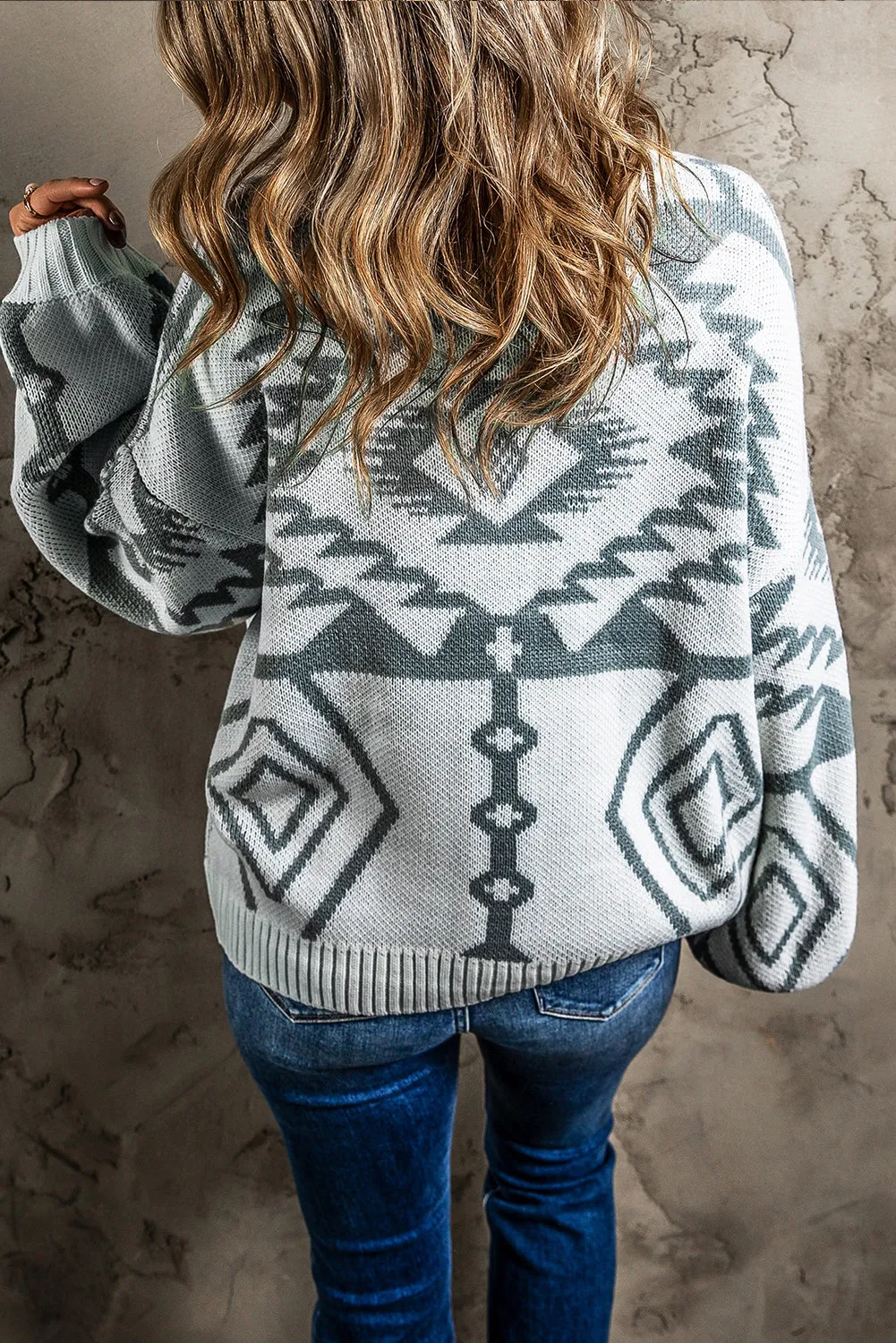 Geometric Pattern Ribbed Trim Cardigan