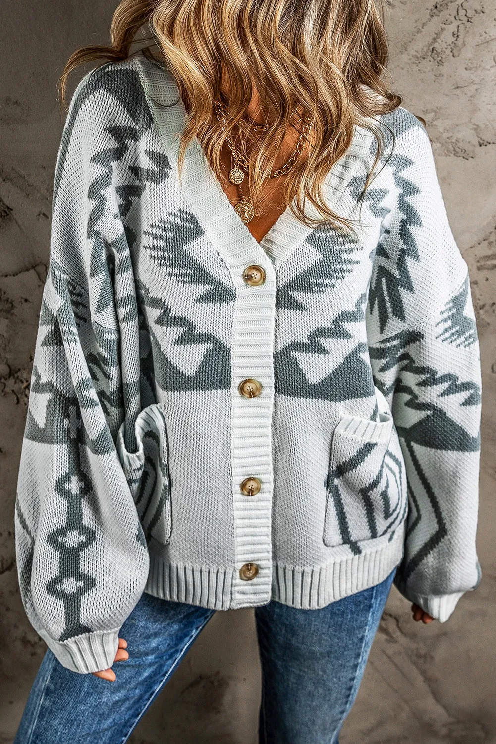 Geometric Pattern Ribbed Trim Cardigan