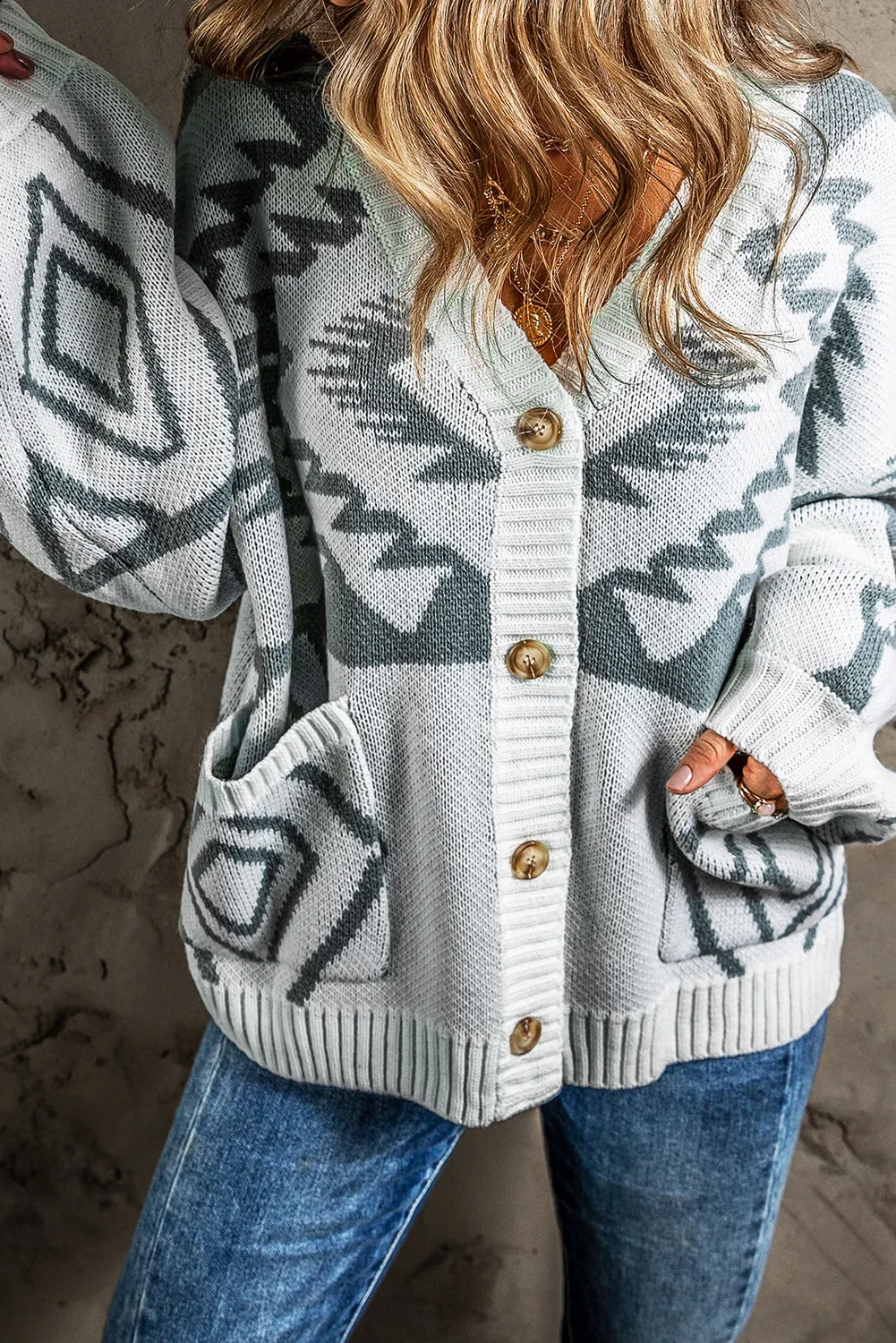 Geometric Pattern Ribbed Trim Cardigan