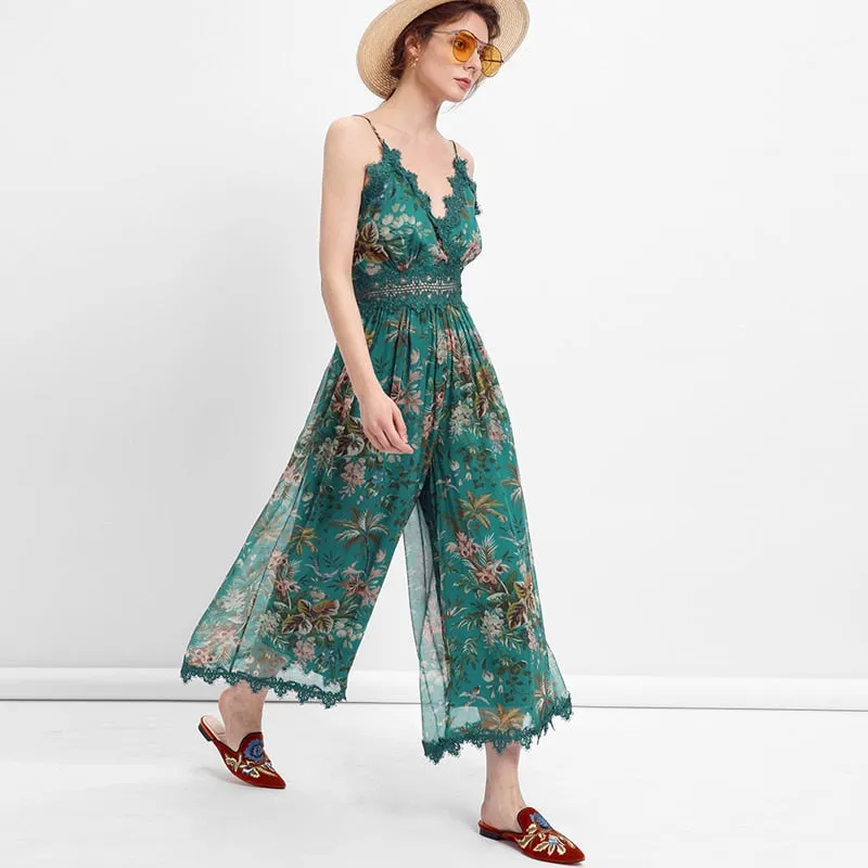 Green chiffon floral jumpsuit