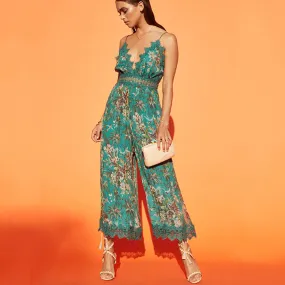 Green chiffon floral jumpsuit