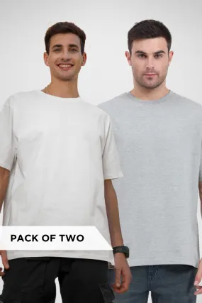 Grey Melange and White Oversized T-Shirts Combo for Men