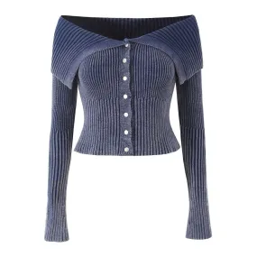 Grunge Worn In Foldover Off Shoulder Button Up Ribbed Knit Crop Cardigan