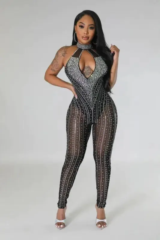 In My Lane Rhinestone Detailed Mesh Jumpsuit