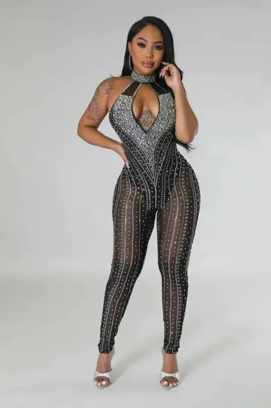 In My Lane Rhinestone Detailed Mesh Jumpsuit