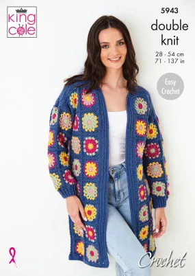 King Cole 5943 Easy CROCHET Pattern - Ladies Granny Square Cardigans