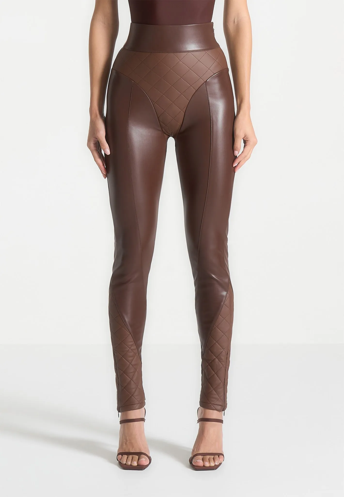 Leather Quilted Leggings - Brown